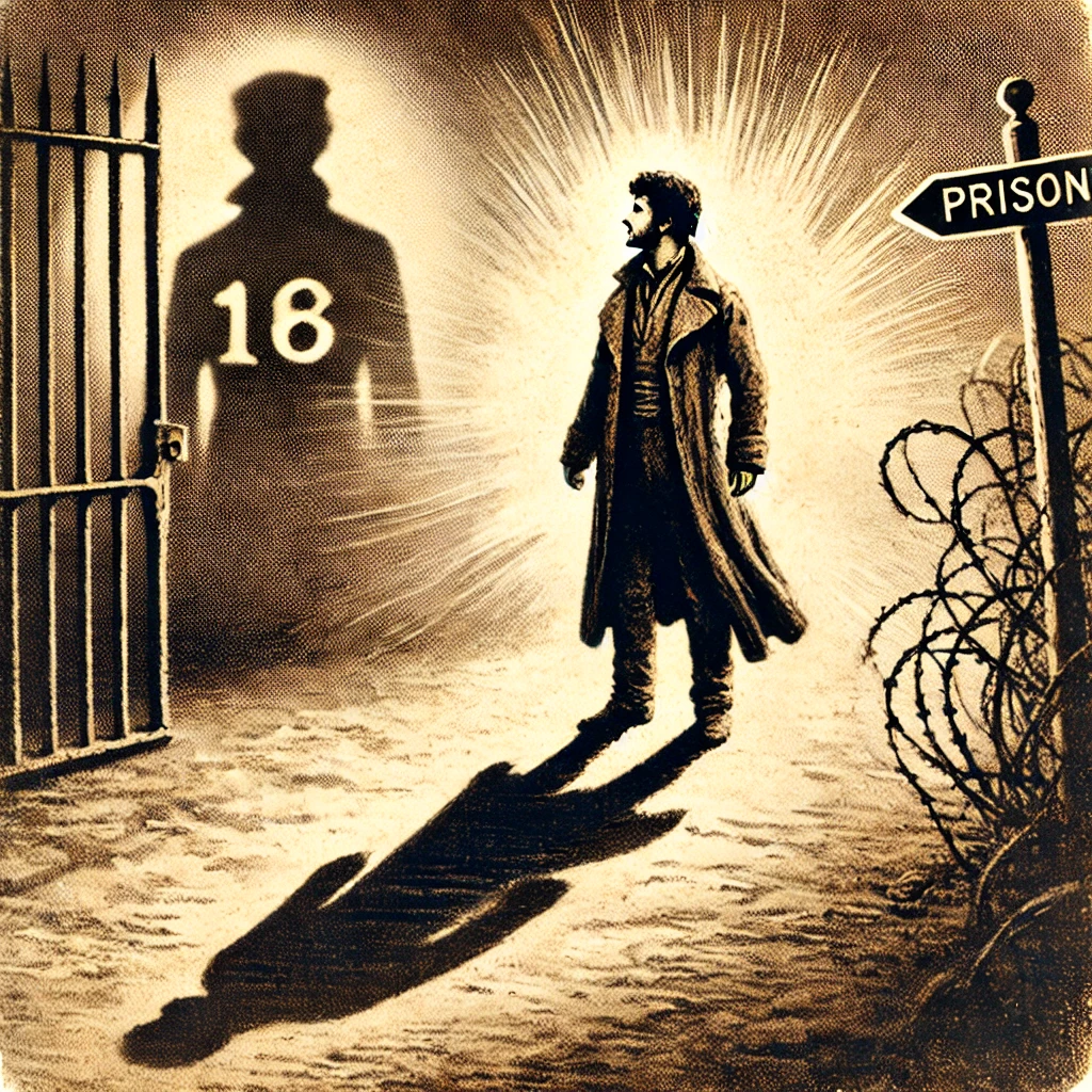 刑務所の鉄格子を背にし、明るい道を見据えるジャン・バルジャン（セピア調）