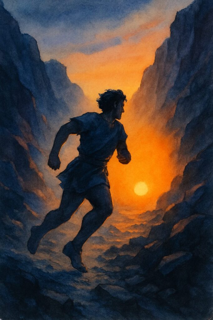 夕闇に包まれた山道を走るメロスのシルエット