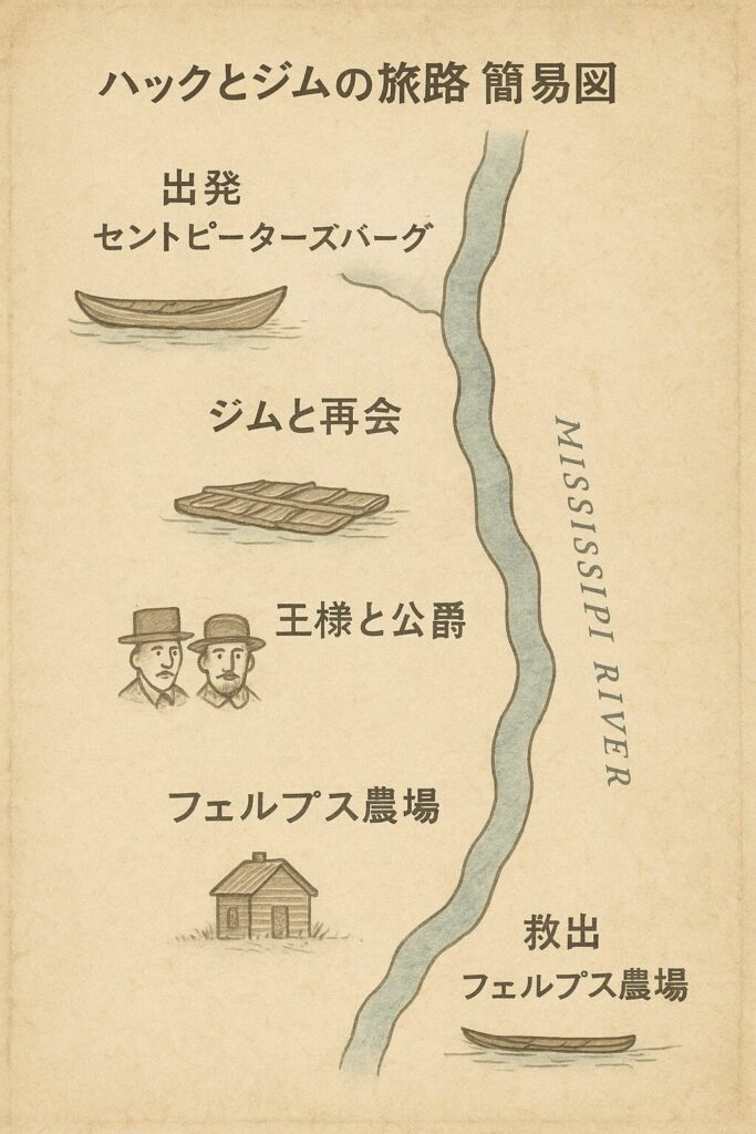ハックとジムのミシシッピ川下り旅路図