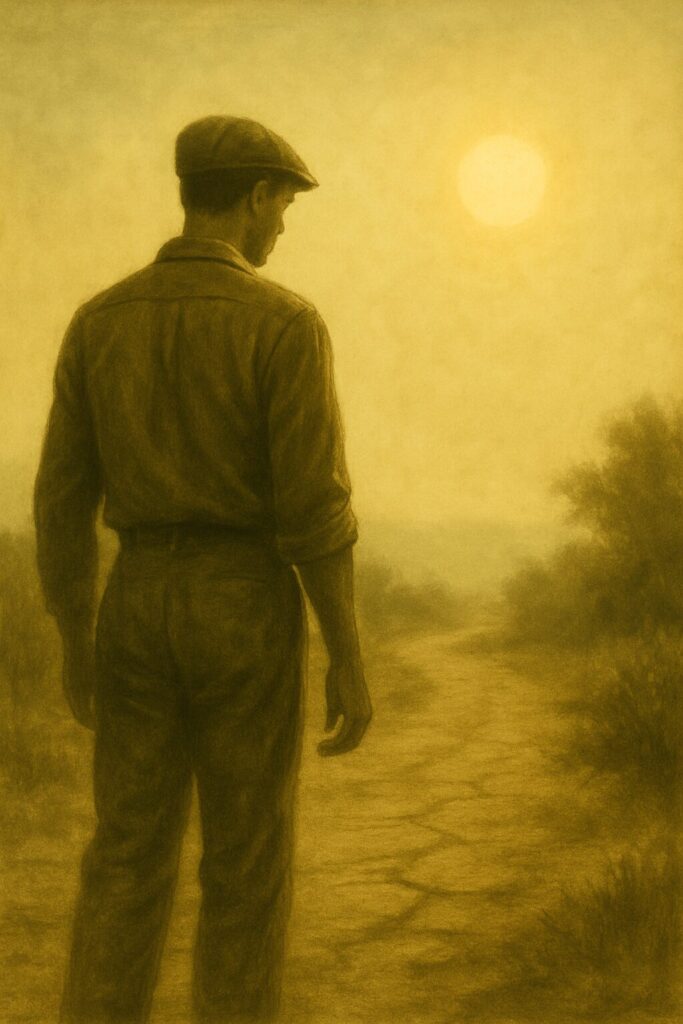 夕陽の下、乾いた道を見つめる青年の後ろ姿