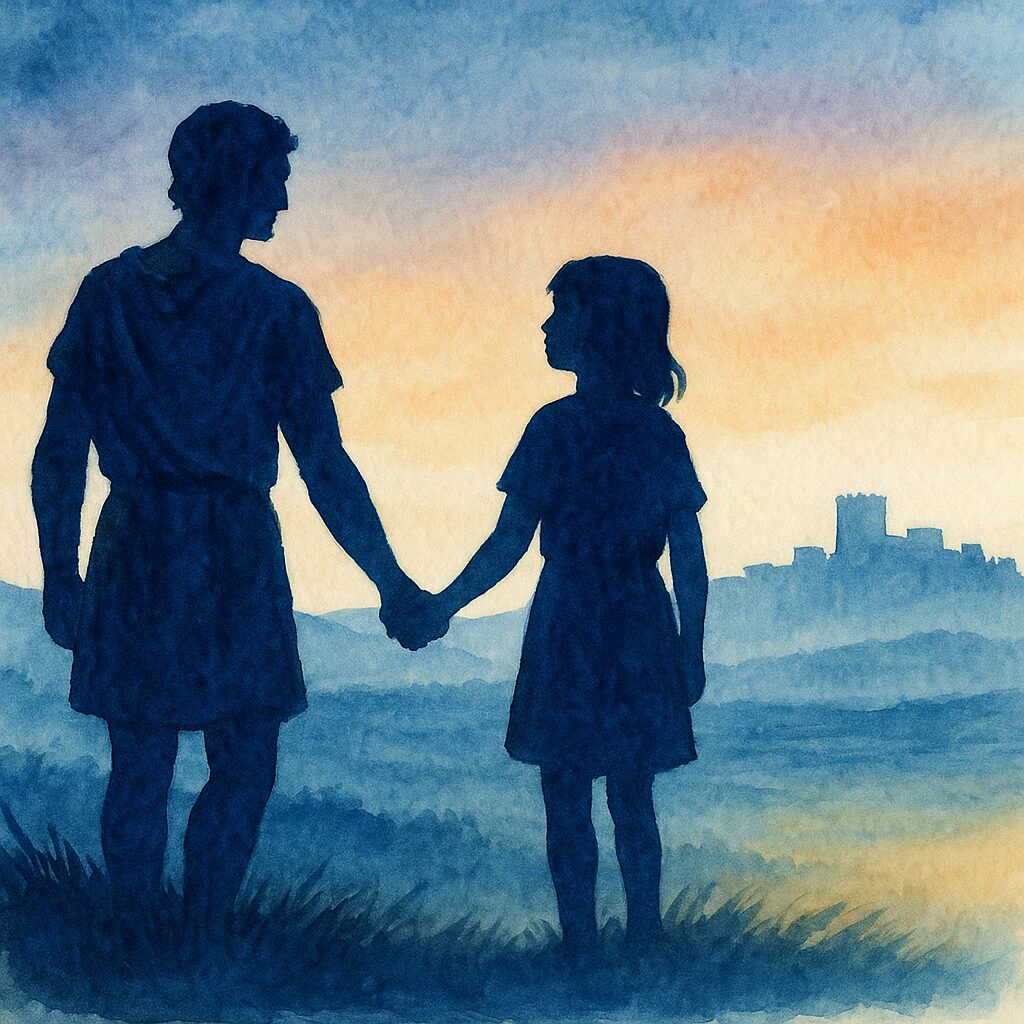夜明け前のシラクスとメロス・妹を描いた水彩シーン