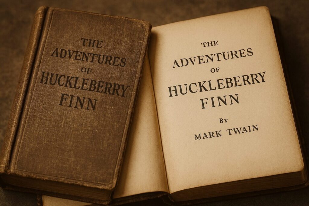 古びた表紙と黄ばみのあるページが開かれた『ハックルベリー・フィンの冒険』の本