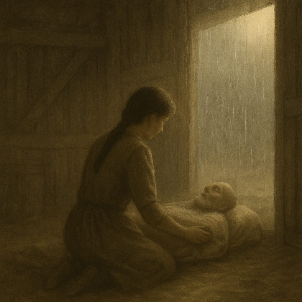 雨の降る納屋で、老人に寄り添う若い女性の静かな構図