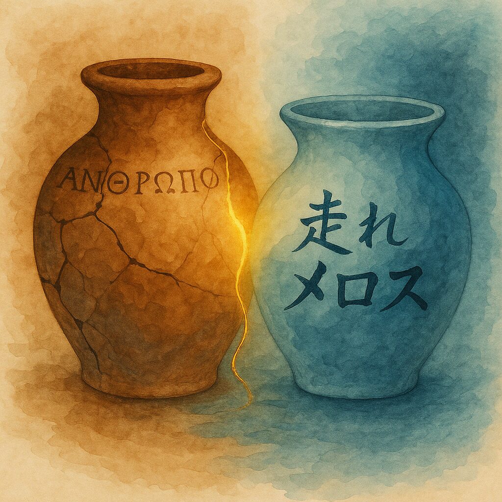 古代と現代を象徴する2つの器が、金の糸で繋がれた水彩イメージ