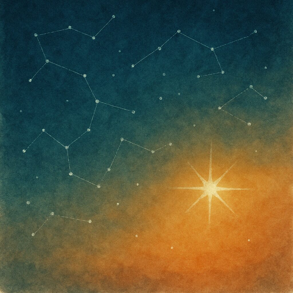 星座が橙へ変わり一つが輝く夜空