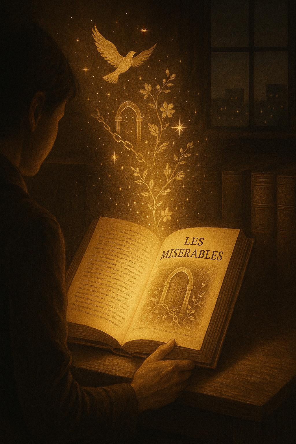 夜の読書机で開かれた『レ・ミゼラブル』から光が立ちのぼる様子（セピア調）