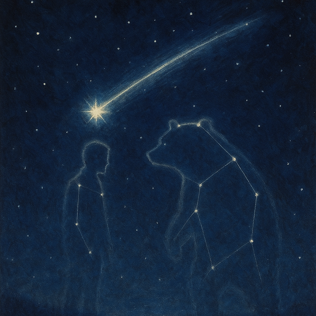 星空の中で向き合う人間と熊の星座、流れ星がその間を横切る幻想的な夜空