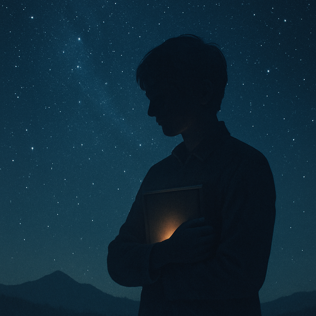 星空の下で本を胸に抱える少年のシルエット、中心に光を宿す幻想的な構図
