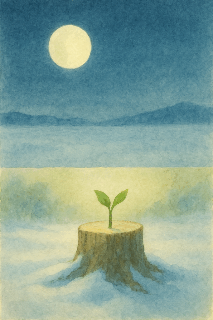 冬の夜、切り株の上に芽吹いた若葉と、それを照らす満月