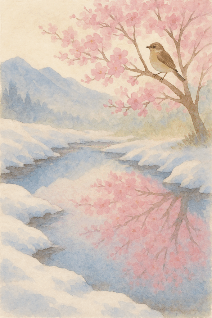 雪の川辺に咲く桜と小鳥、花の映る水面と奥に見える青い山々