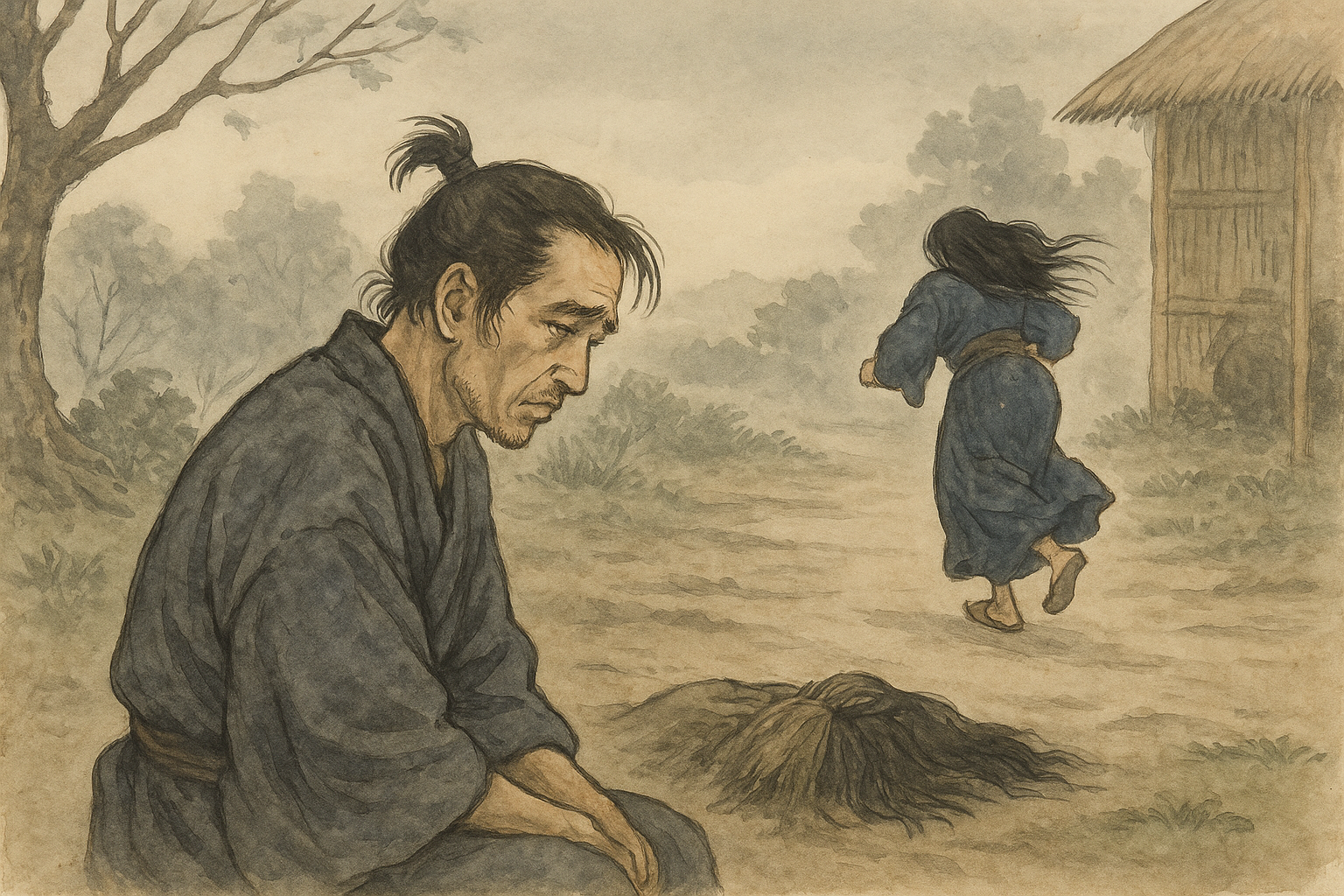 荒れた農村の前で座り込む市九郎と、髪を持って逃げ去るお弓の後ろ姿を描いた日本画風イラスト