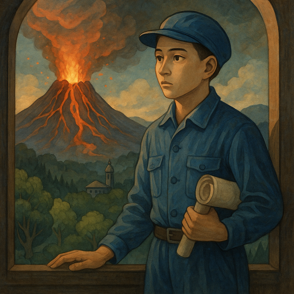 青い作業服を着た青年が火山の噴火を見つめる。背景には森と山、赤く燃え上がる火口。