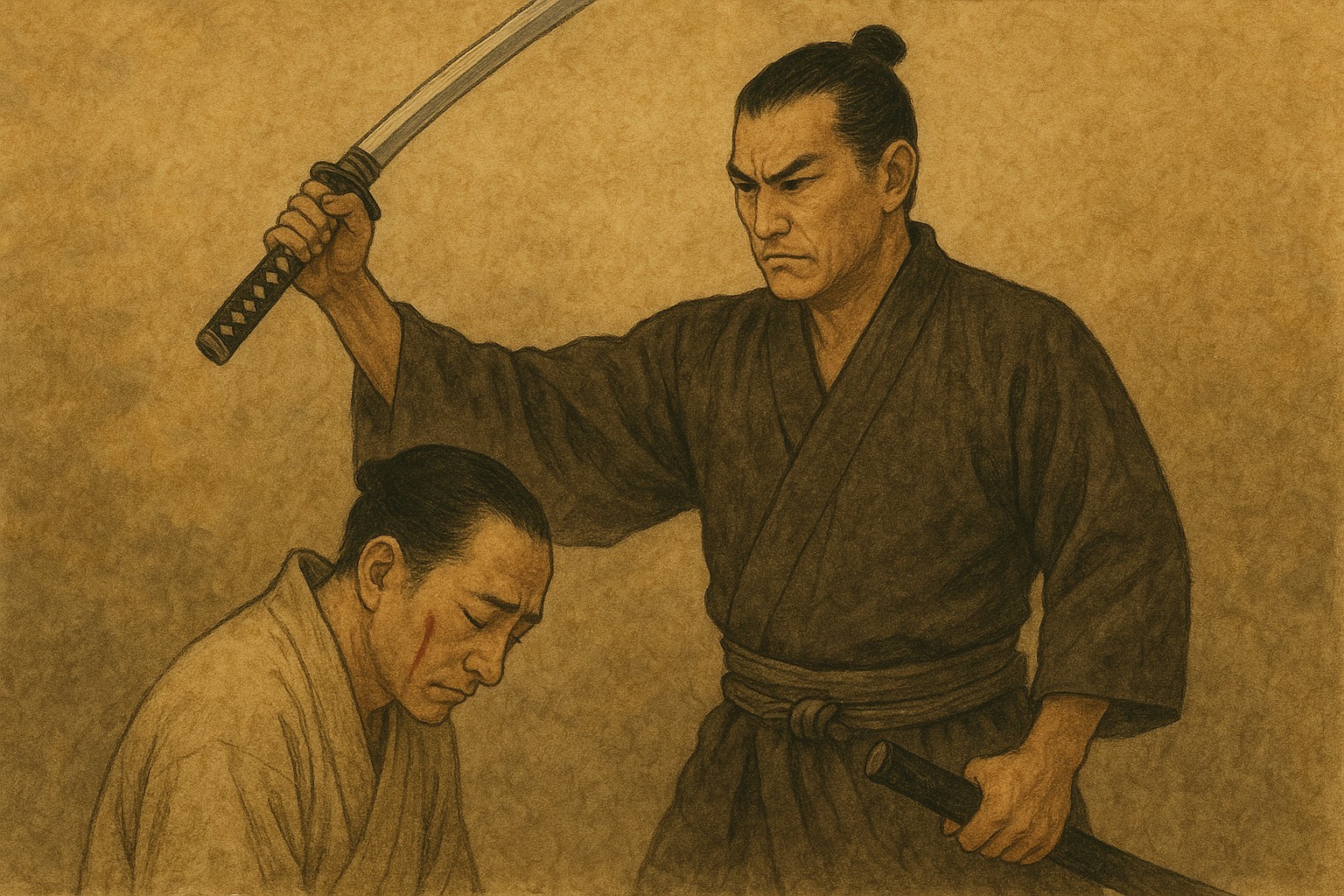 主人に斬りかかられ、左頬から顎にかけて傷を負った市九郎と、振り上げられた太刀の緊迫した場面の