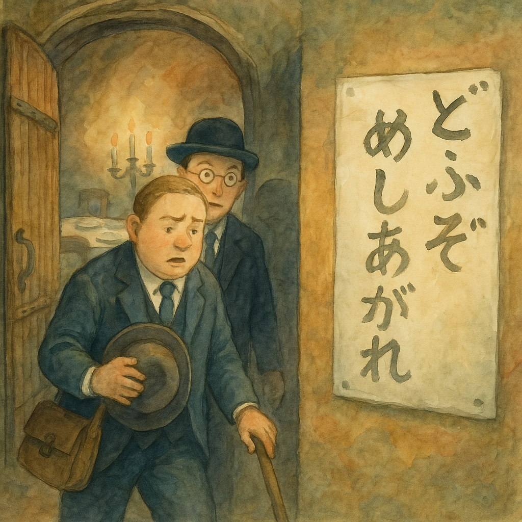 不安げな表情で店内へ入る二人の紳士と、「どうぞめしあがれ」と書かれた看板。西洋風レストランの入り口を描いた水彩画。