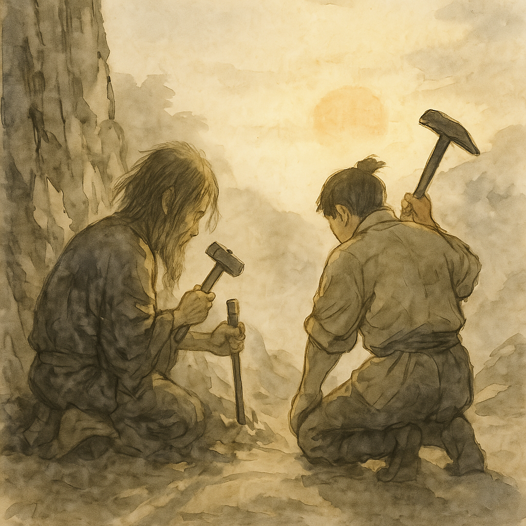 汚れた長髪の僧侶了海と武士が朝日を背に岩を掘る後ろ姿(水墨画風イラスト)