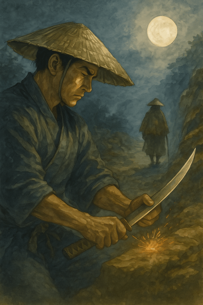 月明かりの下、真剣な表情で長い刀を鋭く研ぐ若い武士の横顔。背景にもう一人の旅姿の人物が遠くに立つ