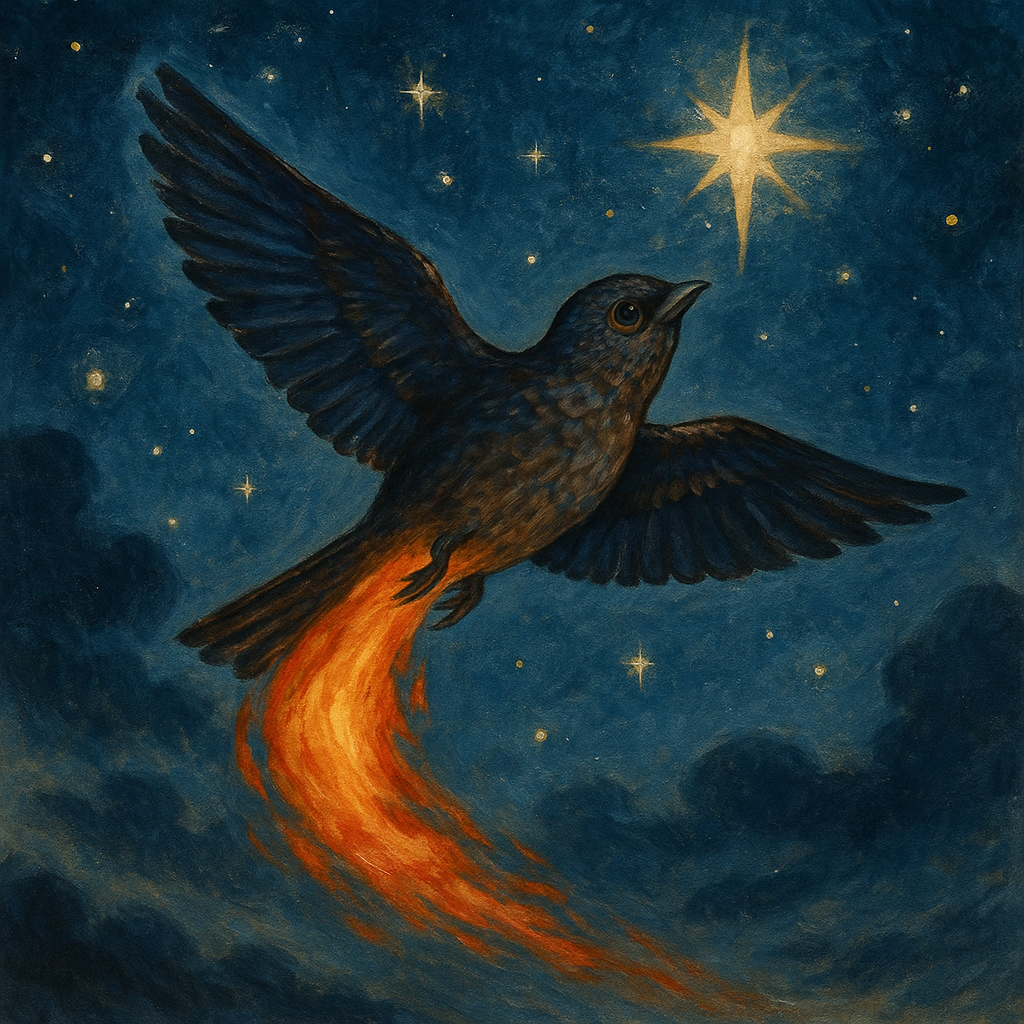 夜空を羽ばたき、星となって光るよだか。尾には炎のような輝きが広がる幻想的な水彩画。