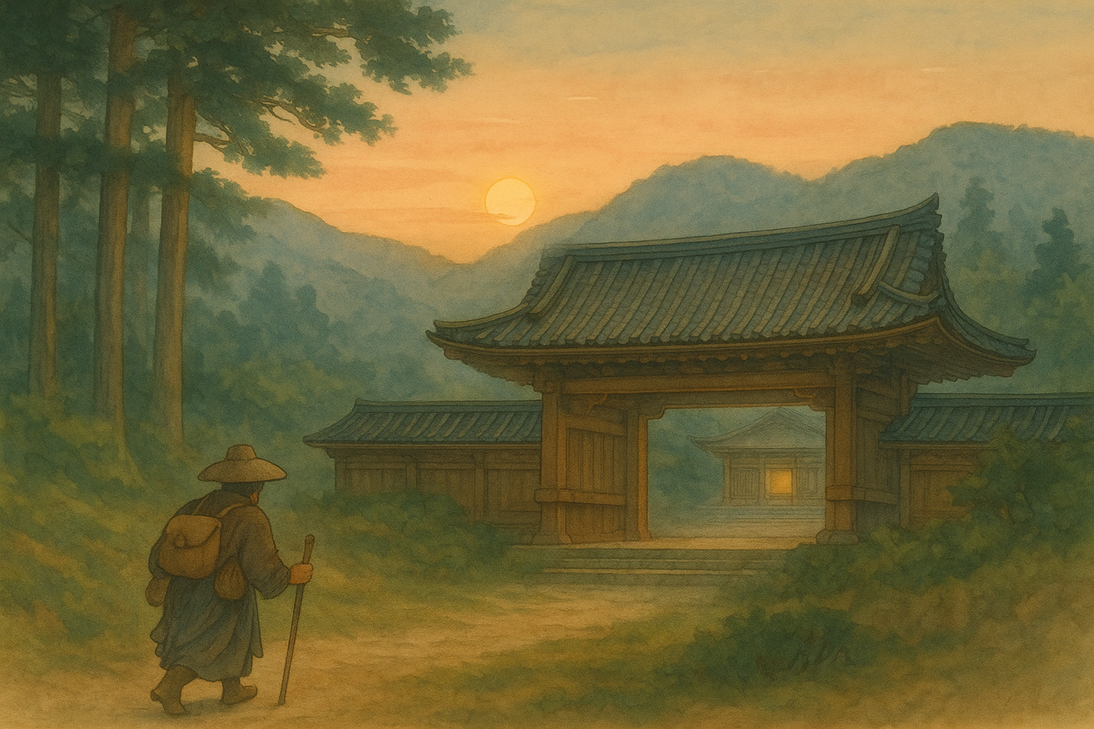 夕暮れの山寺「浄願寺」の山門に、旅装束の市九郎が杖を手に静かに駆け込む情景の水彩画