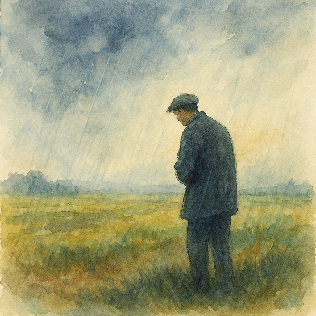雨風に打たれながら広い畑に立つ一人の人物。遠くには雲間から光が差し込む水彩画。