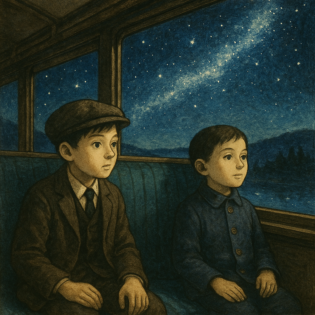 夜行列車の座席に並び座る二人の少年。窓の外には広大な星空と天の川が広がる水彩画。