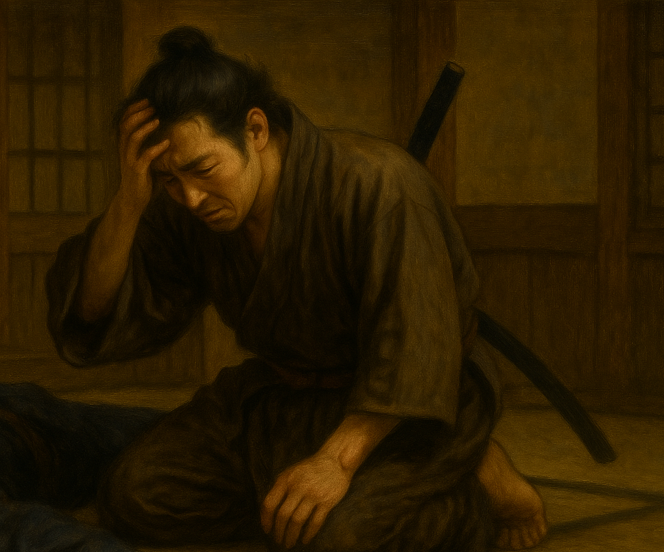 古い武家屋敷の畳の部屋で、倒れた主人の傍らにひざまずき、頭を抱えて後悔と恐怖にうちひしがれる市九郎