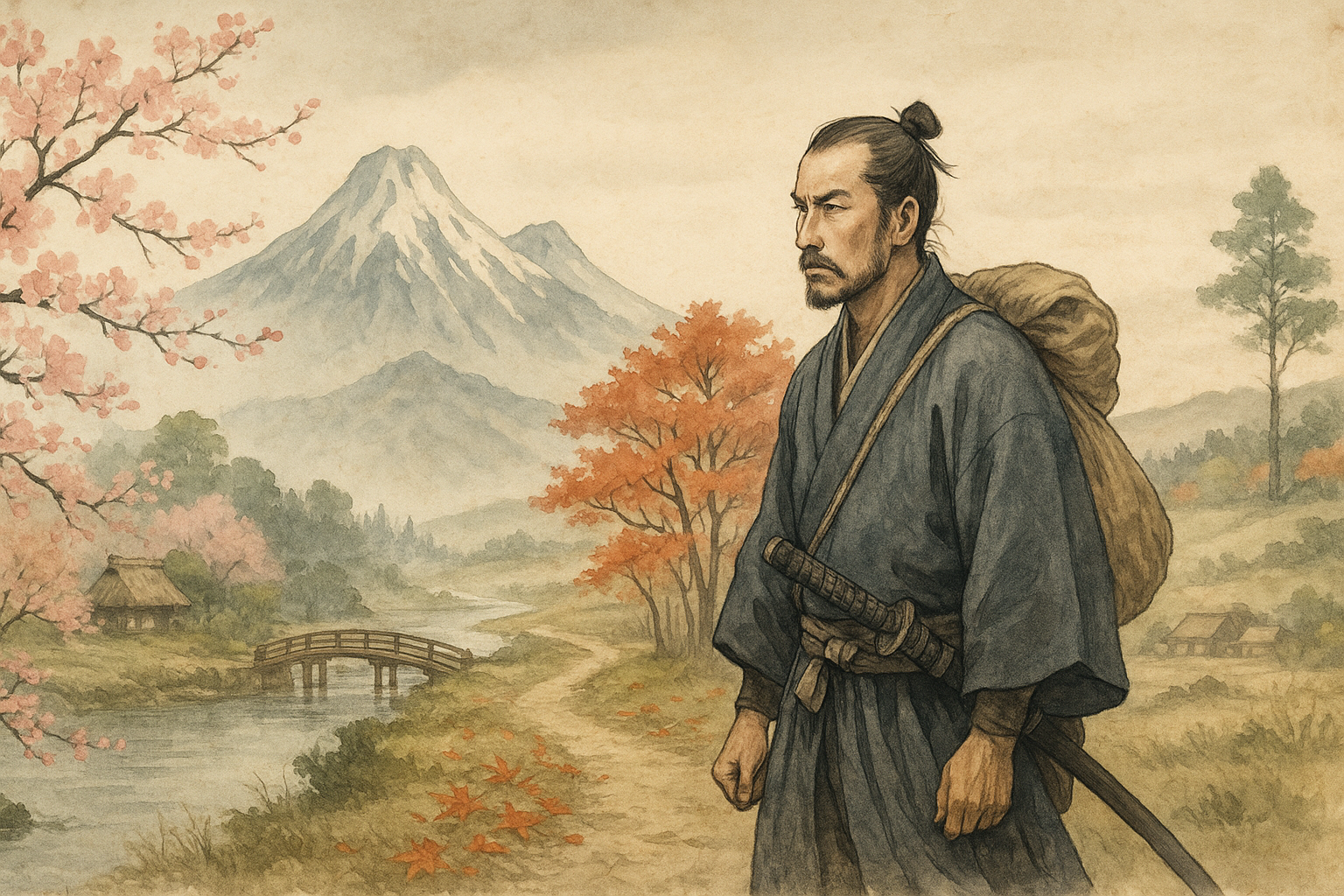 春の中津城下に立ち寄る旅姿の武士。山河を越え、九年にわたる仇討ちの旅を続ける中川実之助の姿。