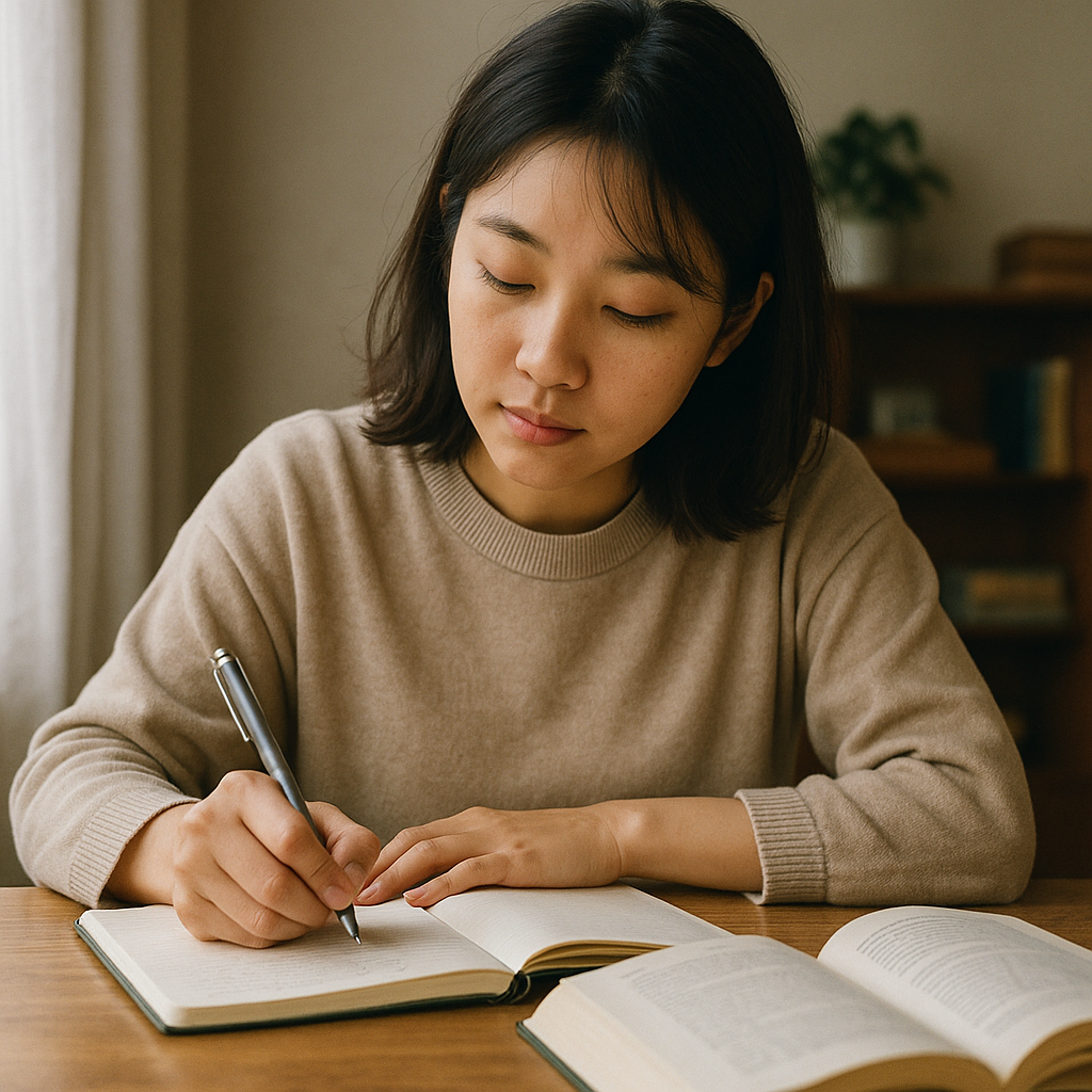 日本人女性が静かな部屋でノートにペンを走らせており、机の上には開かれた本が置かれている。