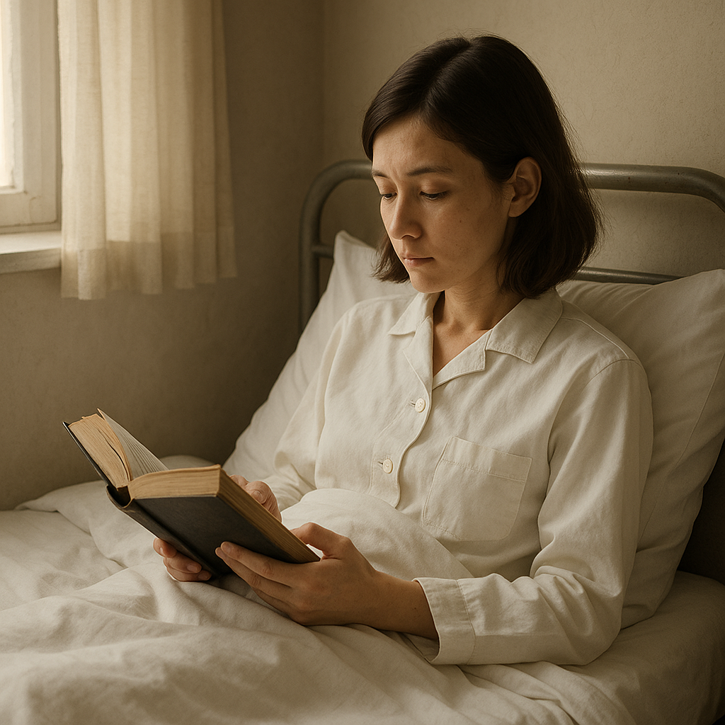 白いベッドに座り本を読む女性の横顔(昭和の病室風景)