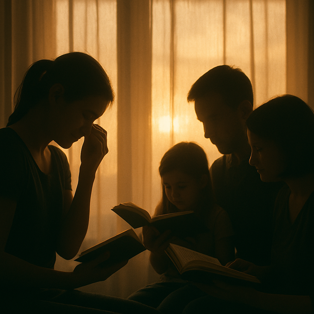 夕暮れの窓辺で本を読み、涙ぐむ女性と、静かに読書をする家族のシルエット。