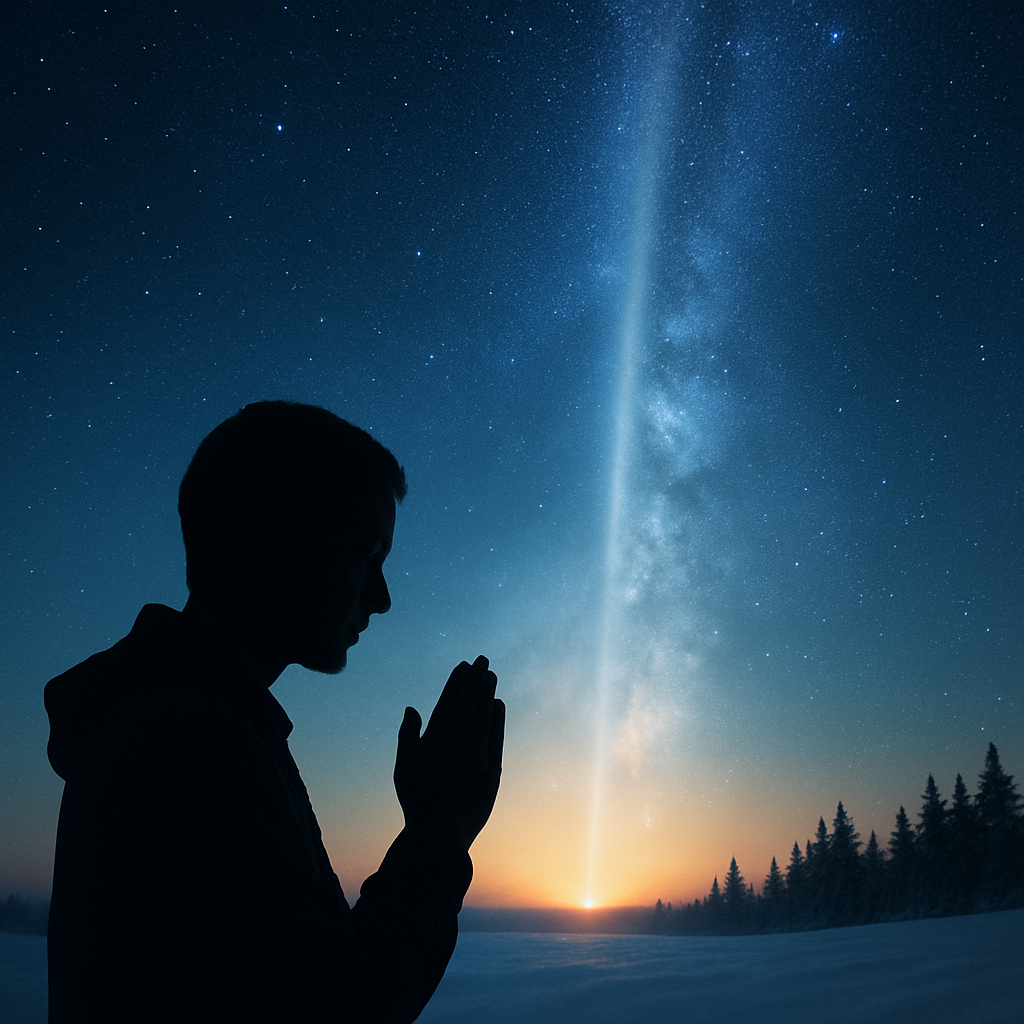 星空と夜明けの光に包まれ、祈りを捧げる人物のシルエット