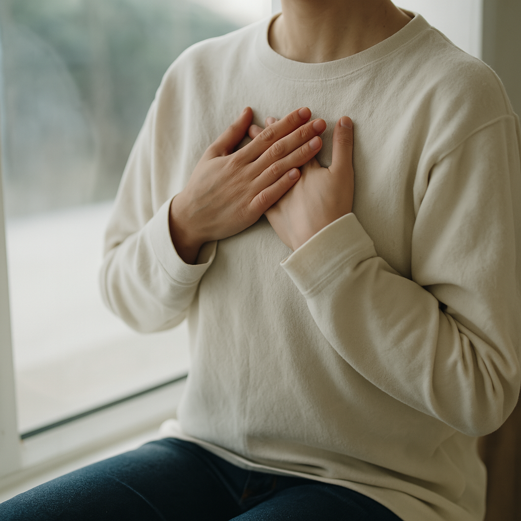 窓辺で胸に手を当てて静かに深呼吸する人物。柔らかな光に包まれ、心と向き合う様子。