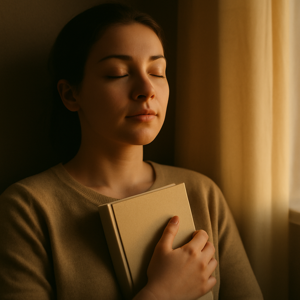 柔らかな光の中、本を胸に抱き静かに目を閉じる女性。物語の余韻と深い内省を象徴。