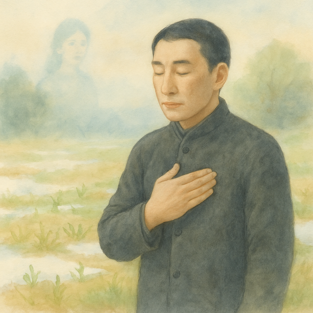 雪解けの野原で胸に手を当てる賢治。遠くには幻のようにトシの姿が淡く重なる。