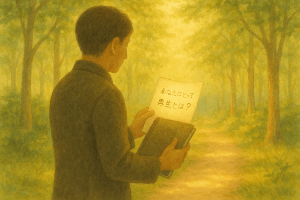 木漏れ日が降り注ぐ小道に立ち、ノートと「あなたにとって再生とは?」と書かれた便箋を手にする人物