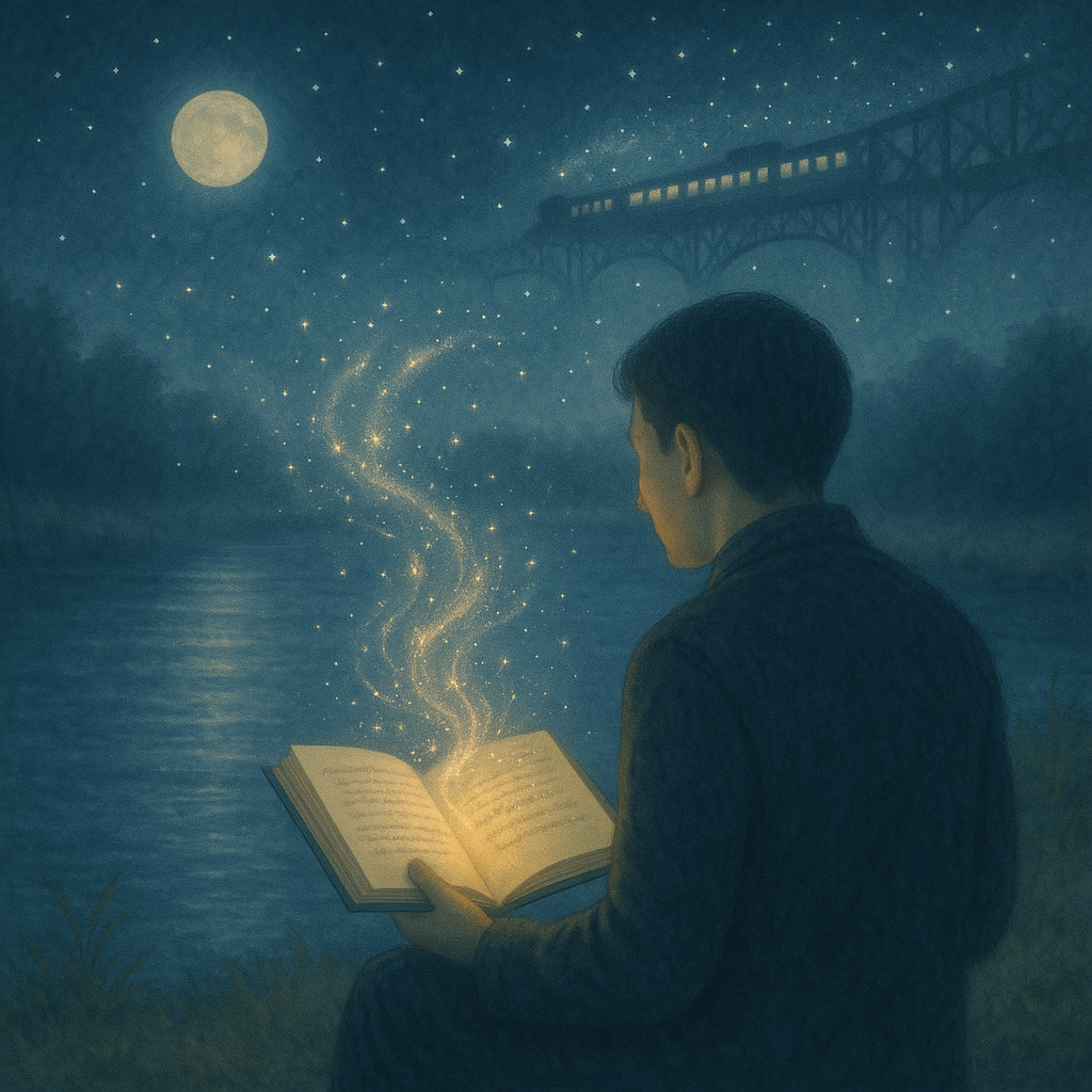 夜の川辺に座り、開いた本から舞い上がる詩と銀河を見つめる人物。空にはうっすら銀河鉄道の姿。