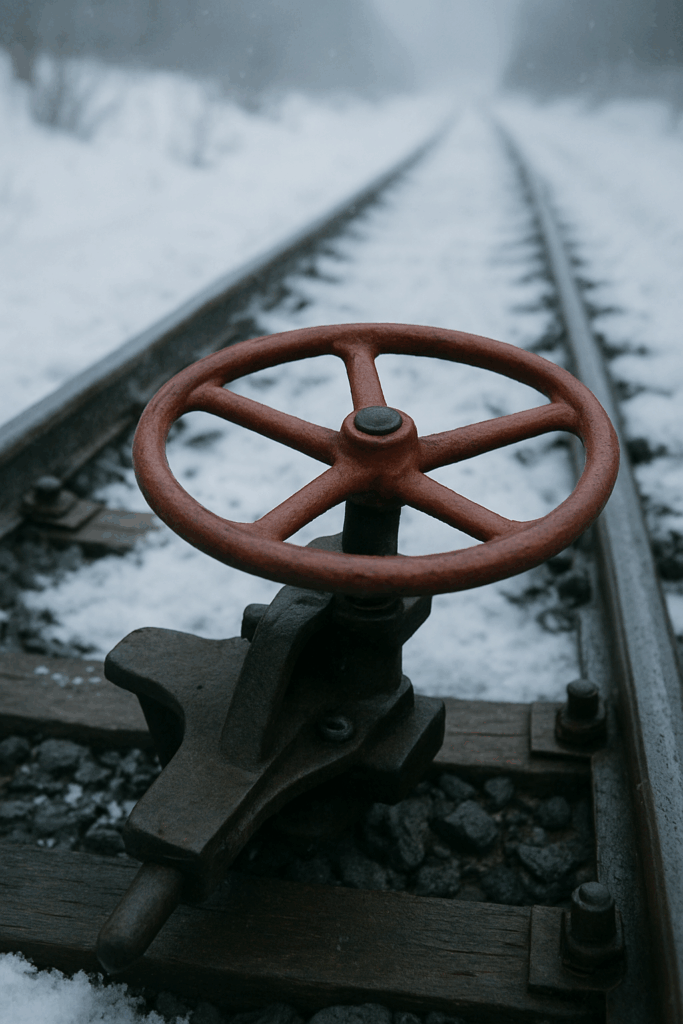 冬の鉄道レール上に置かれた赤い手動ブレーキハンドルのクローズアップ