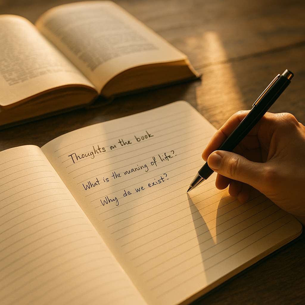 ノートにペンで「人生の意味」などの問いを書き留める手元と、傍らに開かれた本。読後の思索を象徴する暖かな写真。