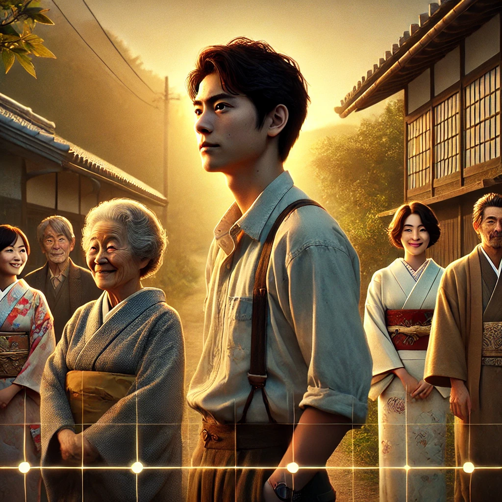 若き信夫が家族や友人とともに立つ農村風景。信仰と再生の物語の原点を象徴する構図。