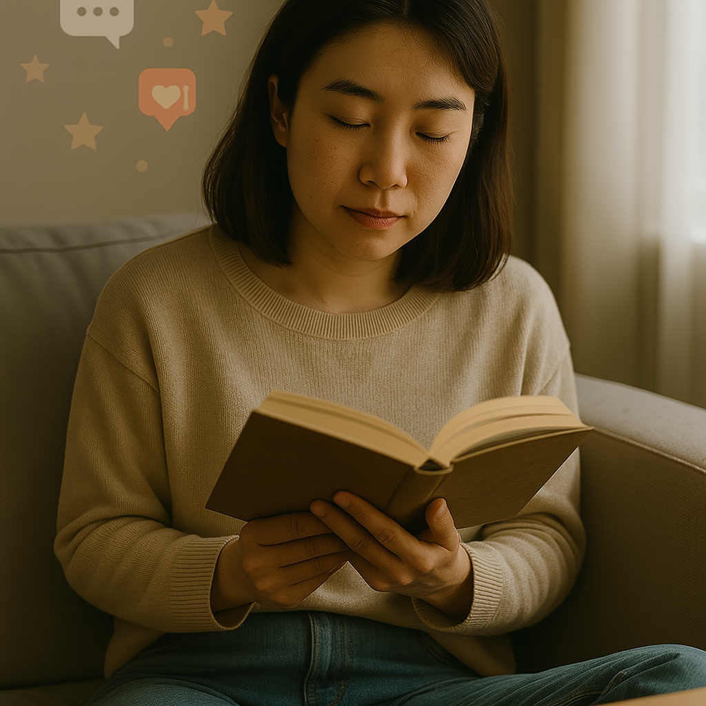 日本人女性がスマホやパソコンから離れ、静かな部屋で本を読んでいる。SNS通知アイコンが背景でぼやけている。