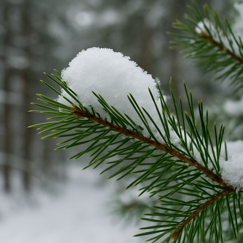 雪が積もった松の枝のクローズアップ、緑の針葉と白い雪のコントラスト