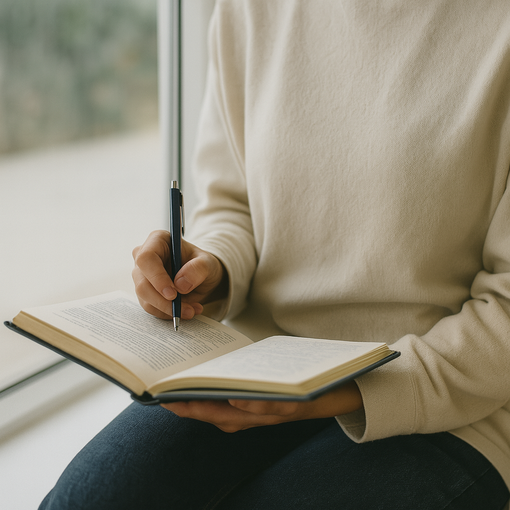 窓際で本を開き、ペンでメモを書き込む人物の手元。静かな時間に自己と向き合う様子。
