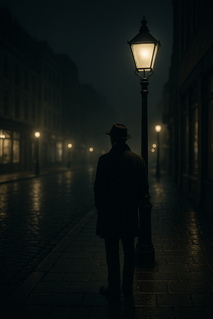 alt):夜の街角、街灯の下で待つ男性の後ろ姿
