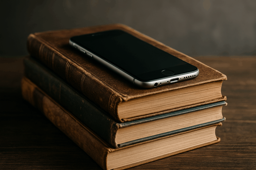 古い本が積まれた机の上に置かれたスマートフォン