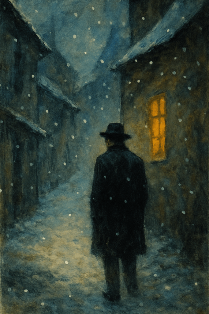 雪の路地に立つ孤独な人物を描いた幻想的なイメージ