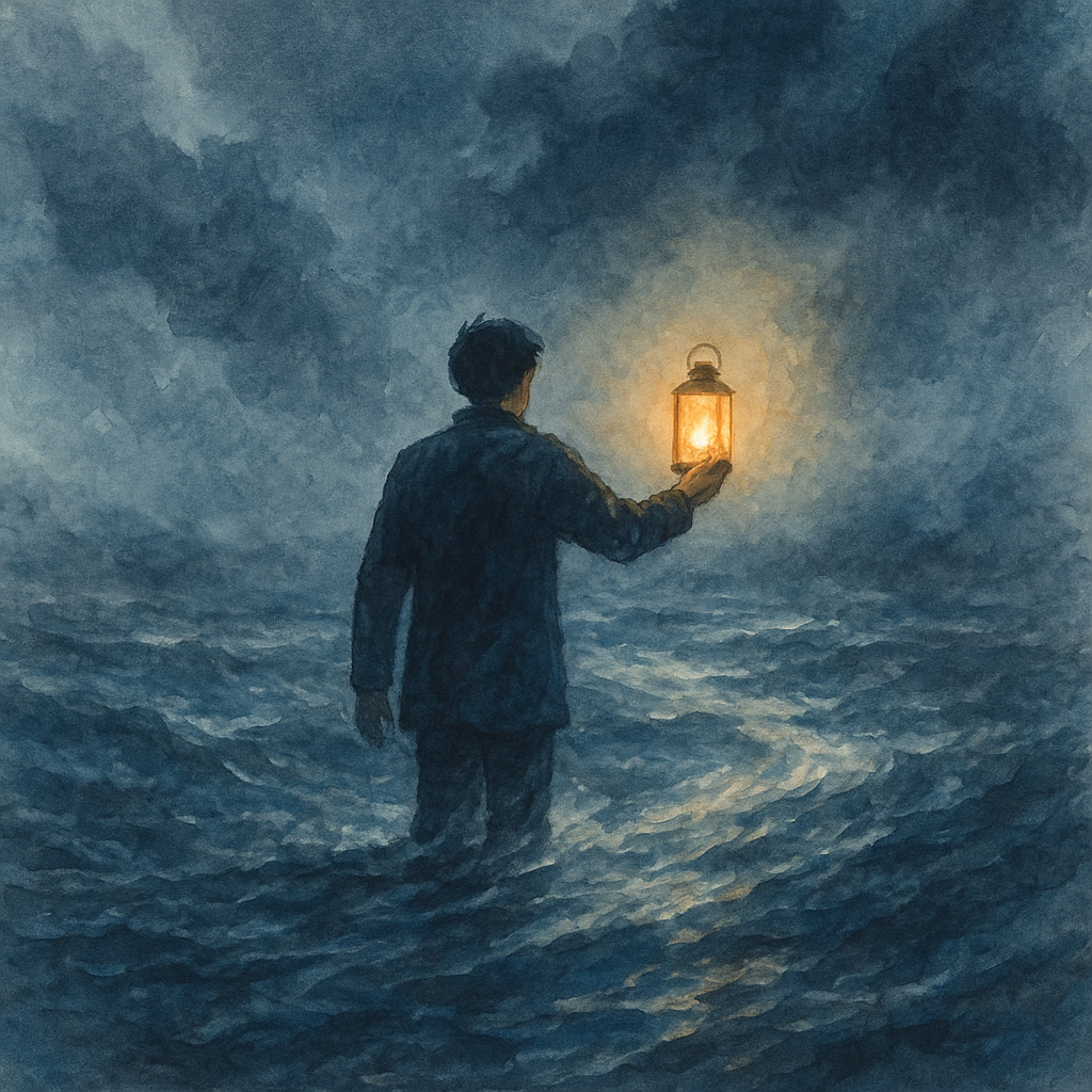 激しい流れの中、手に灯を掲げて立つ人物。歴史の混沌の中に輝く人間の魂を象徴する水彩画。