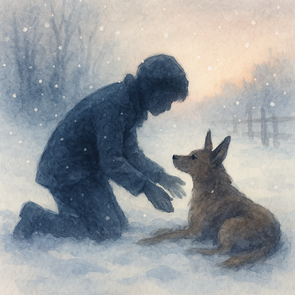 倒れた犬に手を差し伸べる少年