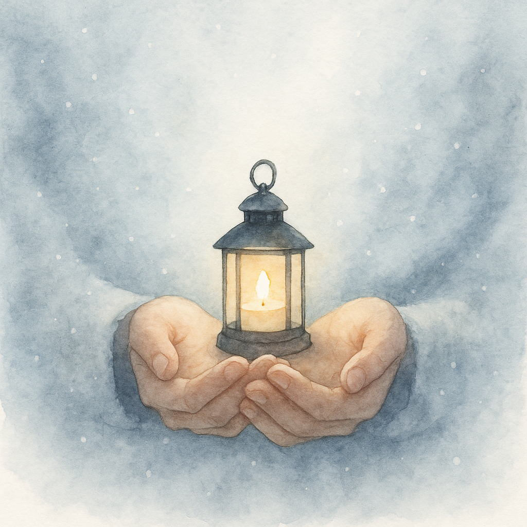 冬空気の中でランタンを抱える手