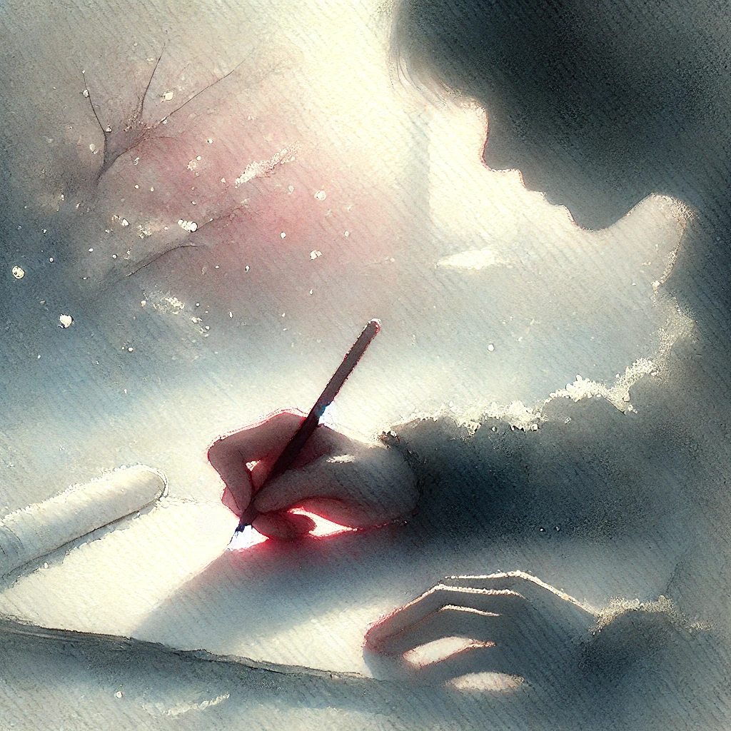 冬の光の中で紙にスケッチする少年の手元