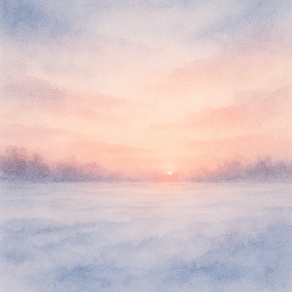 夜明け前の雪原に差す桃色の光