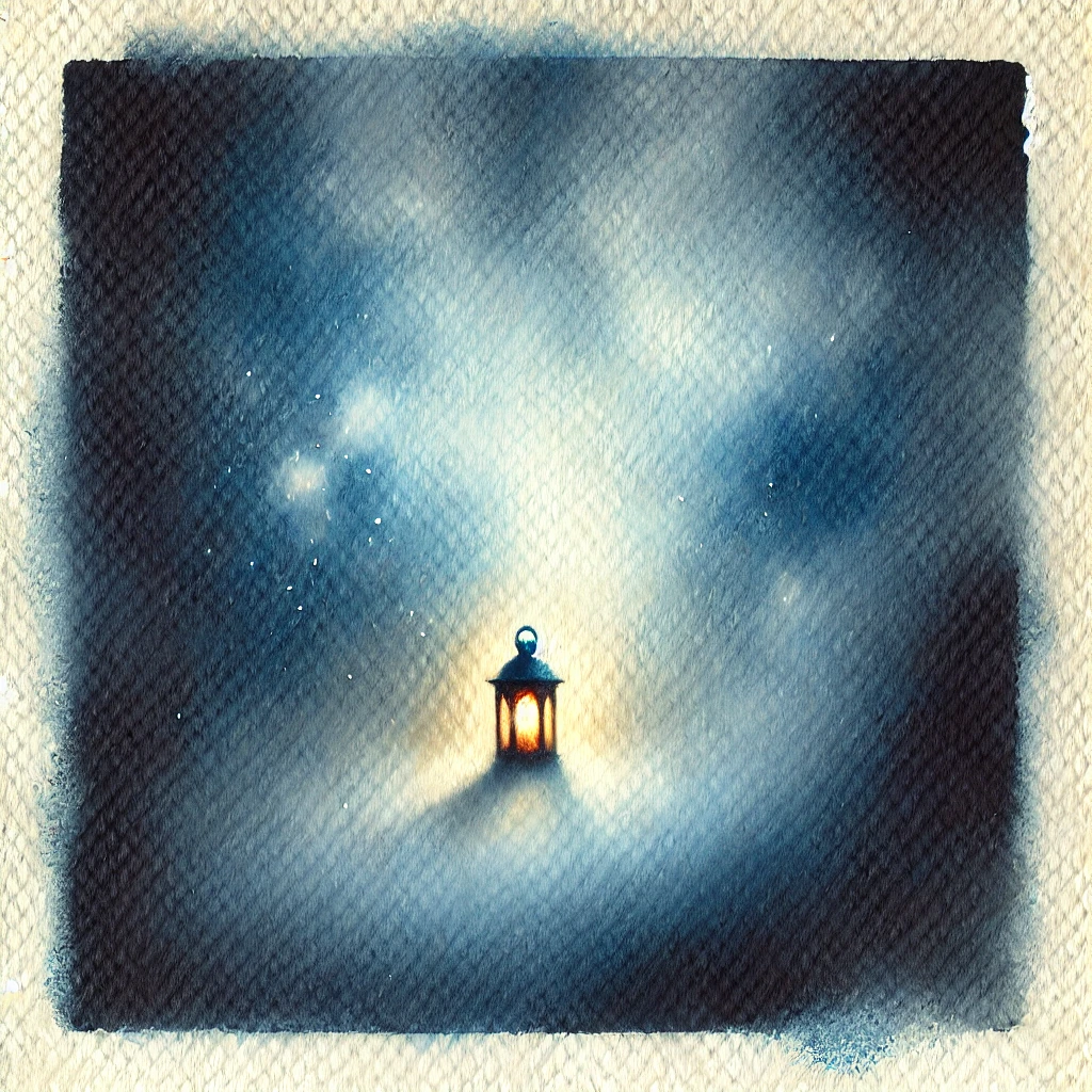 青い闇の中で柔らかく灯るランタン